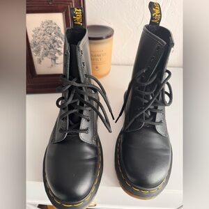 Dr. Martens Black Leather Lace-Up Combat Boots with Yellow Stitching